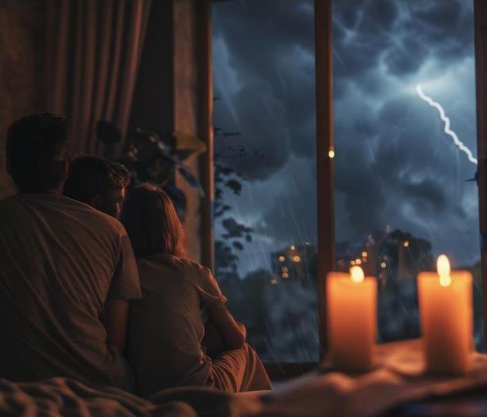 family watching lightning storm from inside home with candles due to power outage