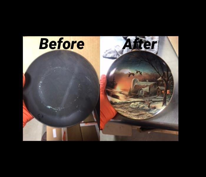 Decorative plate from a fire, cleaned using ultrasonic cleaning